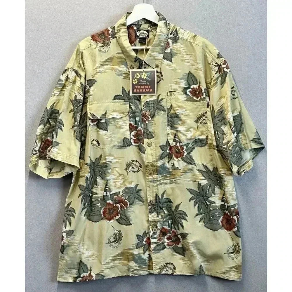 Vintage Tommy Bahama Mens XL Hawaiian Swordfish Logo Camp Olive Green Rare Shirt